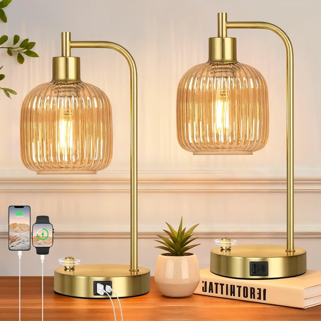 Main image of Champagne Glass Table Lamps Set of 2, Dimmable Bedside Lamps for Bedroom USB A+C Charging Ports, Stepless Dimmable, Brushed Gold, 2 Dimmable LED Bulbs, Thickened Vintage Champagne Glass Lampshade