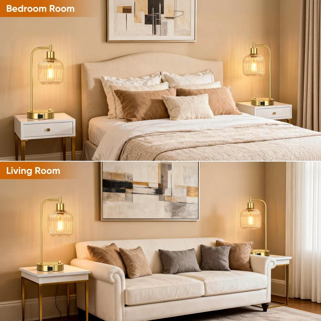 Alt view image 7 of 7 - Clear Glass Table Lamps Set of 2, Dimmable Bedside Lamps for Living Room USB A+C Charging Ports, Stepless Dimmable, Brushed Gold, 2 Dimmable LED Bulbs, Thickened Vintage Clear Glass Lampshade