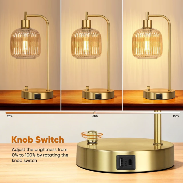 Alt view image 2 of 7 - Champagne Glass Table Lamps Set of 2, Dimmable Bedside Lamps for Bedroom USB A+C Charging Ports, Stepless Dimmable, Brushed Gold, 2 Dimmable LED Bulbs, Thickened Vintage Champagne Glass Lampshade