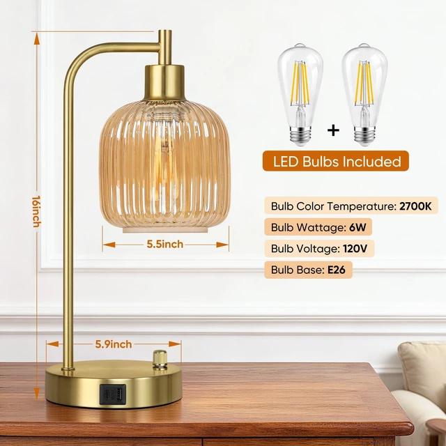 Alt view image 3 of 7 - Champagne Glass Table Lamps Set of 2, Dimmable Bedside Lamps for Bedroom USB A+C Charging Ports, Stepless Dimmable, Brushed Gold, 2 Dimmable LED Bulbs, Thickened Vintage Champagne Glass Lampshade