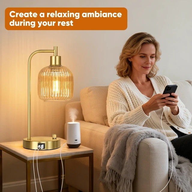 Alt view image 5 of 7 - Champagne Glass Table Lamps Set of 2, Dimmable Bedside Lamps for Bedroom USB A+C Charging Ports, Stepless Dimmable, Brushed Gold, 2 Dimmable LED Bulbs, Thickened Vintage Champagne Glass Lampshade