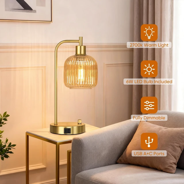 Alt view image 4 of 7 - Champagne Glass Table Lamps Set of 2, Dimmable Bedside Lamps for Bedroom USB A+C Charging Ports, Stepless Dimmable, Brushed Gold, 2 Dimmable LED Bulbs, Thickened Vintage Champagne Glass Lampshade