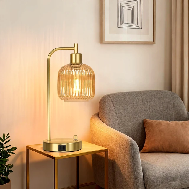 Alt view image 6 of 7 - Champagne Glass Table Lamps Set of 2, Dimmable Bedside Lamps for Bedroom USB A+C Charging Ports, Stepless Dimmable, Brushed Gold, 2 Dimmable LED Bulbs, Thickened Vintage Champagne Glass Lampshade