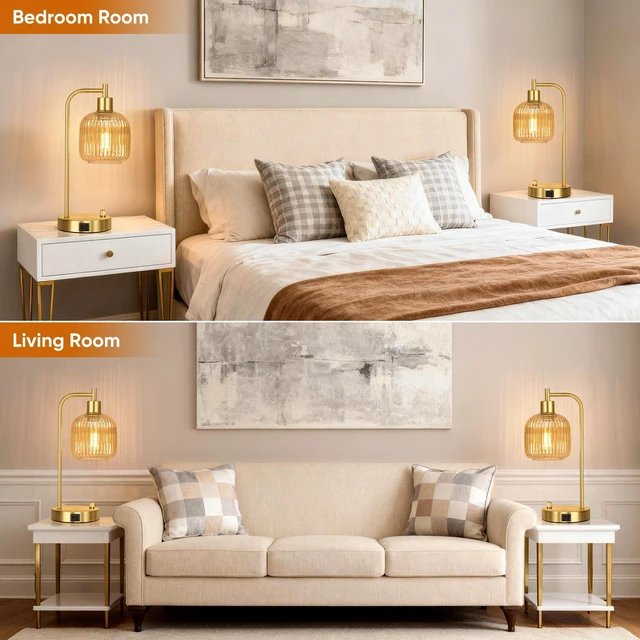 Alt view image 7 of 7 - Champagne Glass Table Lamps Set of 2, Dimmable Bedside Lamps for Bedroom USB A+C Charging Ports, Stepless Dimmable, Brushed Gold, 2 Dimmable LED Bulbs, Thickened Vintage Champagne Glass Lampshade