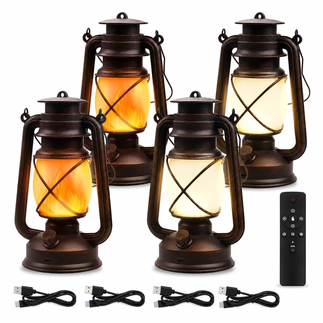 Main image of USB Rechargeable Lanterns 4 Pack with Remote Control 4 Modes Lights Vintage Hanging Lanterns Outdoor Waterproof LED Flickering Light Outdoor Indoor Decor for Patio Porch Camping Halloween