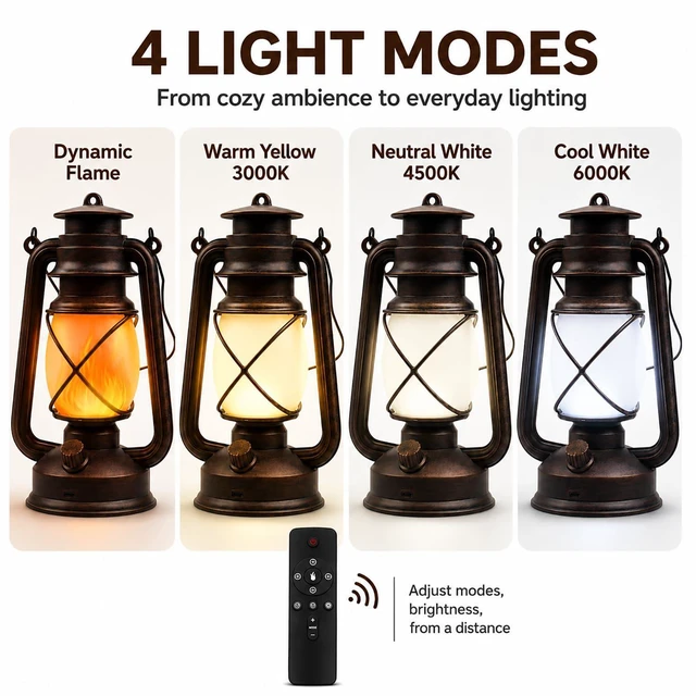 Alt view image 2 of 7 - USB Rechargeable Lanterns 4 Pack with Remote Control 4 Modes Lights Vintage Hanging Lanterns Outdoor Waterproof LED Flickering Light Outdoor Indoor Decor for Patio Porch Camping Halloween
