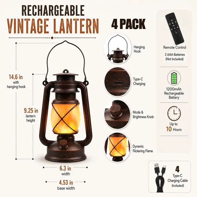 Alt view image 4 of 7 - USB Rechargeable Lanterns 4 Pack with Remote Control 4 Modes Lights Vintage Hanging Lanterns Outdoor Waterproof LED Flickering Light Outdoor Indoor Decor for Patio Porch Camping Halloween