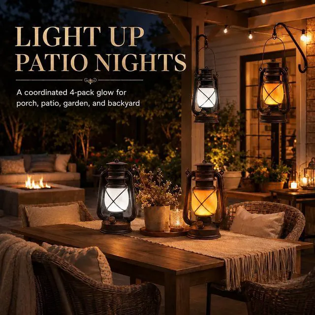 Alt view image 3 of 7 - USB Rechargeable Lanterns 4 Pack with Remote Control 4 Modes Lights Vintage Hanging Lanterns Outdoor Waterproof LED Flickering Light Outdoor Indoor Decor for Patio Porch Camping Halloween