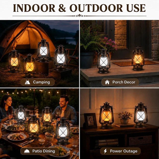 Alt view image 6 of 7 - USB Rechargeable Lanterns 4 Pack with Remote Control 4 Modes Lights Vintage Hanging Lanterns Outdoor Waterproof LED Flickering Light Outdoor Indoor Decor for Patio Porch Camping Halloween