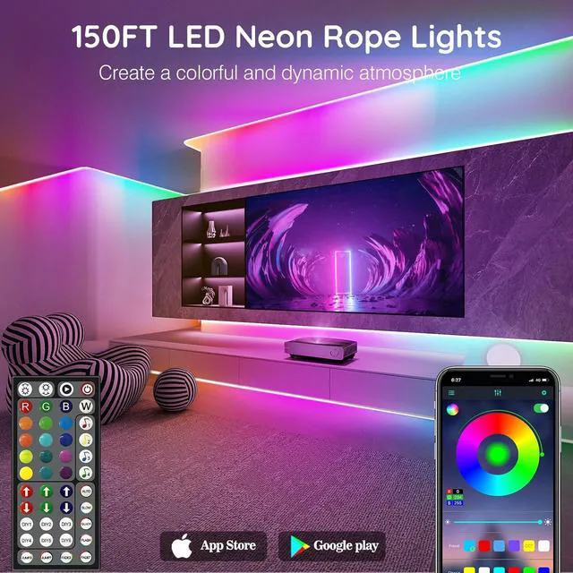 Alt view image 2 of 7 - Led Neon Rope Lights Control with App/Remote,Flexible Led Rope Lights,Multiple Modes,IP68 Outdoor RGB Neon Lights Waterproof,Music Sync Gaming Led Strip Lights for Bedroom Indoor (150FT)