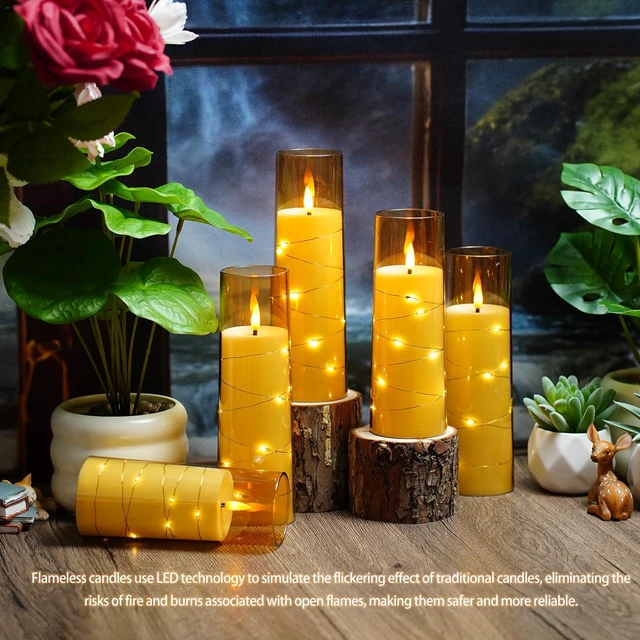 Alt view image 4 of 6 - Flickering Flameless LED Candles,Battery Operated Candles 24 Pcs with Embedded Star String,Acrylic LED Pillar Candles with Remote,Suitable for Home Decoration to Create an Atmosphere (Gold)