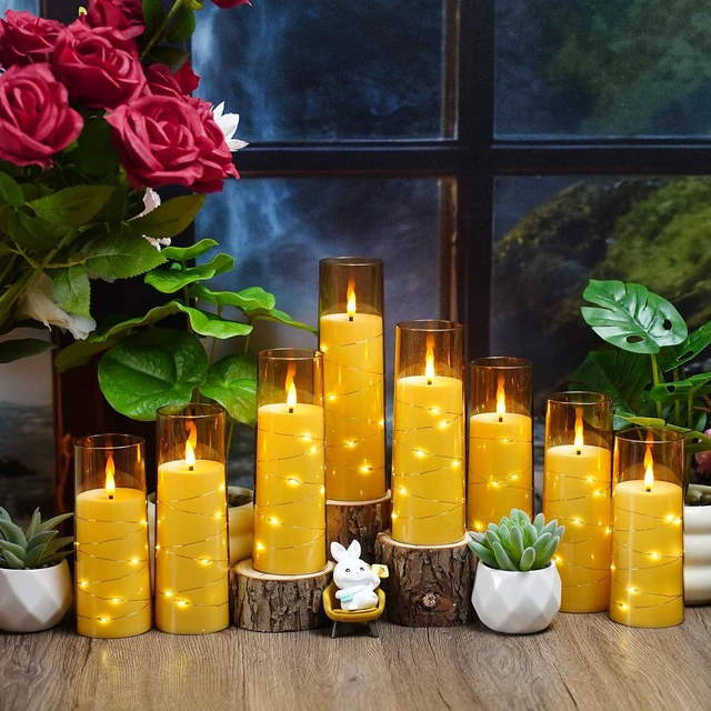 Alt view image 5 of 6 - Flickering Flameless LED Candles,Battery Operated Candles 24 Pcs with Embedded Star String,Acrylic LED Pillar Candles with Remote,Suitable for Home Decoration to Create an Atmosphere (Gold)