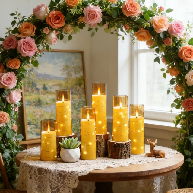 Alt view image 6 of 6 - Flickering Flameless LED Candles,Battery Operated Candles 24 Pcs with Embedded Star String,Acrylic LED Pillar Candles with Remote,Suitable for Home Decoration to Create an Atmosphere (Gold)