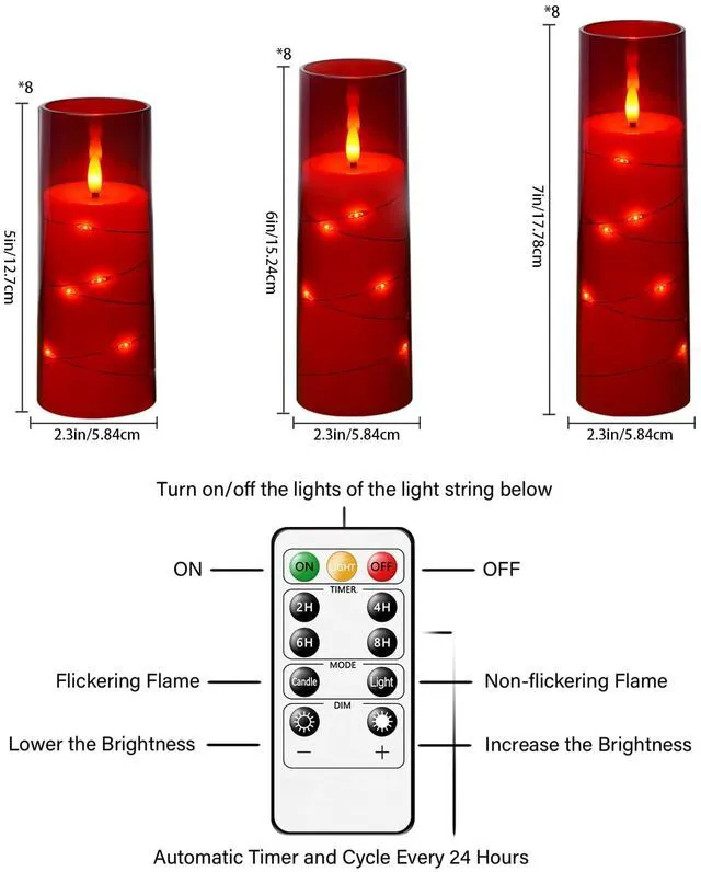 Alt view image 2 of 6 - Flickering Flameless LED Candles,Battery Operated Candles 24 Pcs with Embedded Star String,Acrylic LED Pillar Candles with Remote,Suitable for Home Decoration to Create an Atmosphere (Red)
