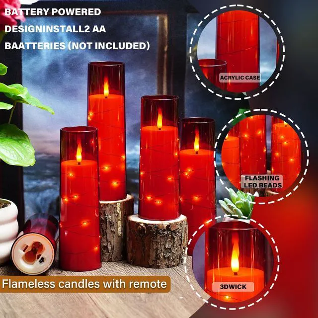 Alt view image 3 of 6 - Flickering Flameless LED Candles,Battery Operated Candles 24 Pcs with Embedded Star String,Acrylic LED Pillar Candles with Remote,Suitable for Home Decoration to Create an Atmosphere (Red)