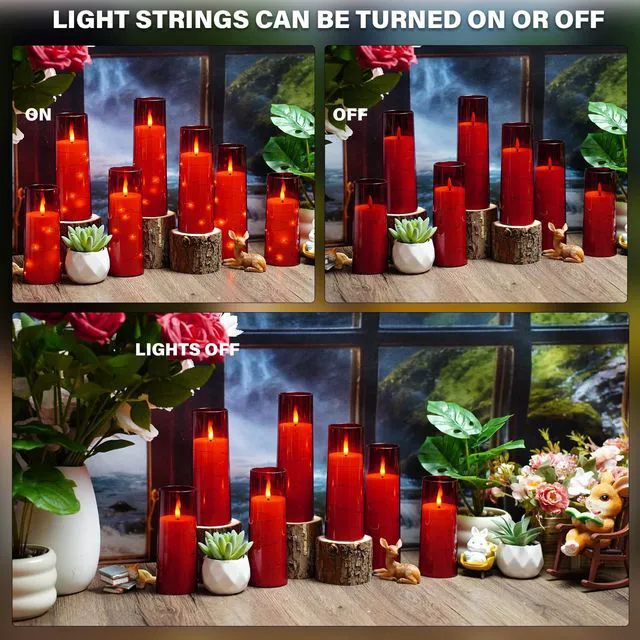 Alt view image 4 of 6 - Flickering Flameless LED Candles,Battery Operated Candles 24 Pcs with Embedded Star String,Acrylic LED Pillar Candles with Remote,Suitable for Home Decoration to Create an Atmosphere (Red)