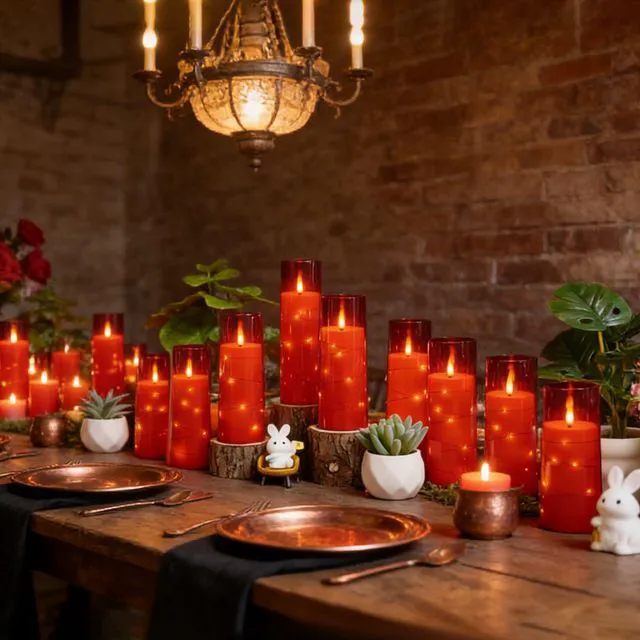 Alt view image 5 of 6 - Flickering Flameless LED Candles,Battery Operated Candles 24 Pcs with Embedded Star String,Acrylic LED Pillar Candles with Remote,Suitable for Home Decoration to Create an Atmosphere (Red)