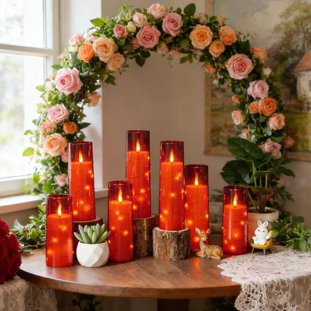 Alt view image 6 of 6 - Flickering Flameless LED Candles,Battery Operated Candles 24 Pcs with Embedded Star String,Acrylic LED Pillar Candles with Remote,Suitable for Home Decoration to Create an Atmosphere (Red)