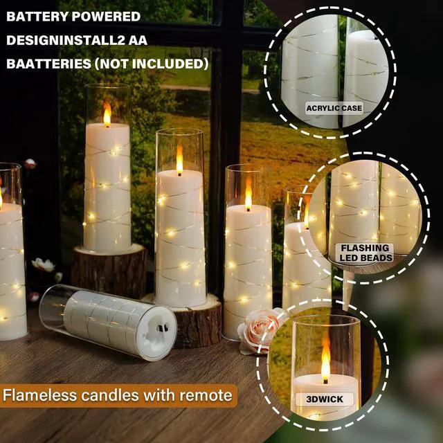 Alt view image 4 of 6 - Flickering Flameless LED Candles,Battery Operated Candles 24 Pcs with Embedded Star String,Acrylic LED Pillar Candles with Remote,Suitable for Home Decoration to Create an Atmosphere (White)