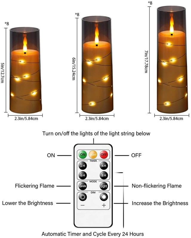 Alt view image 2 of 6 - Flickering Flameless LED Candles,Battery Operated Candles 24 Pcs with Embedded Star String,Acrylic LED Pillar Candles with Remote,Suitable for Home Decoration to Create an Atmosphere (Grey)