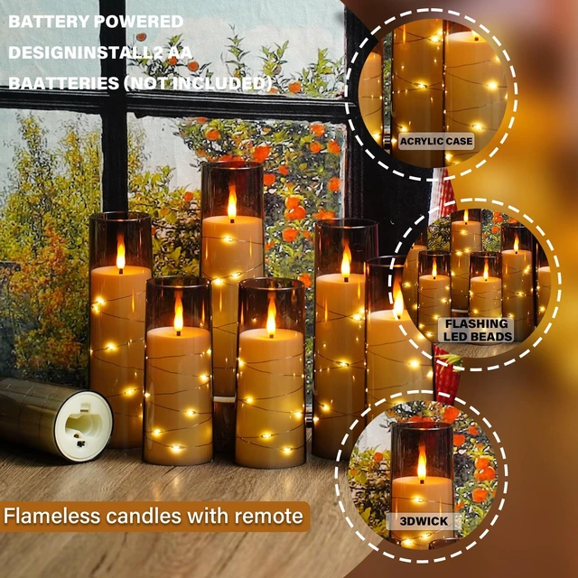 Alt view image 3 of 6 - Flickering Flameless LED Candles,Battery Operated Candles 24 Pcs with Embedded Star String,Acrylic LED Pillar Candles with Remote,Suitable for Home Decoration to Create an Atmosphere (Grey)