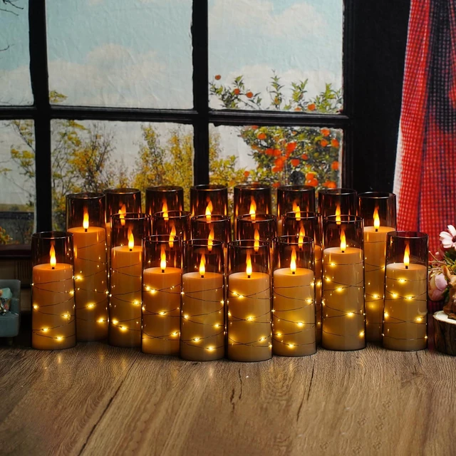 Alt view image 6 of 6 - Flickering Flameless LED Candles,Battery Operated Candles 24 Pcs with Embedded Star String,Acrylic LED Pillar Candles with Remote,Suitable for Home Decoration to Create an Atmosphere (Grey)