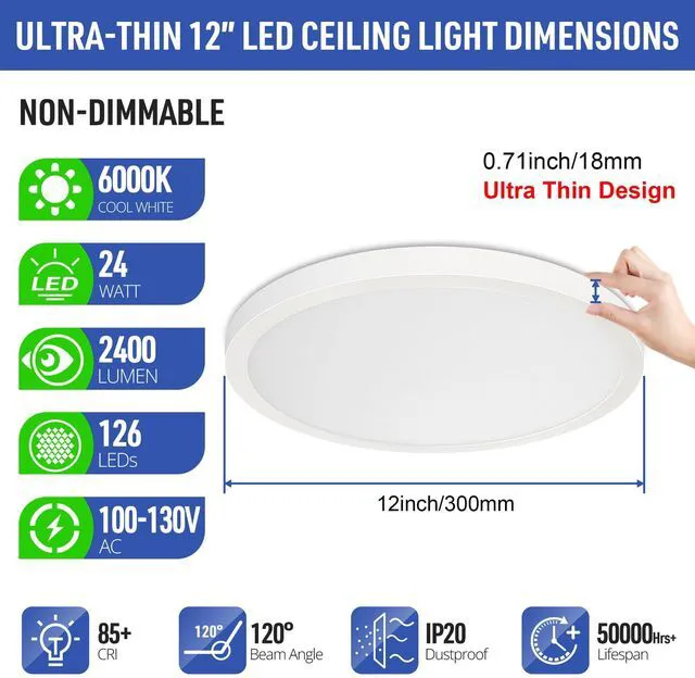 Alt view image 2 of 6 - 4-Pack 12" LED Flush Mount Ceiling Light 6000K, 24W, Non-Dimmable Cool White, 2400LM, 240W Equiv. White Round Flat Bedroom Lights, Foyer, Hallway, Porch, Kitchen, Entryway, Living Room