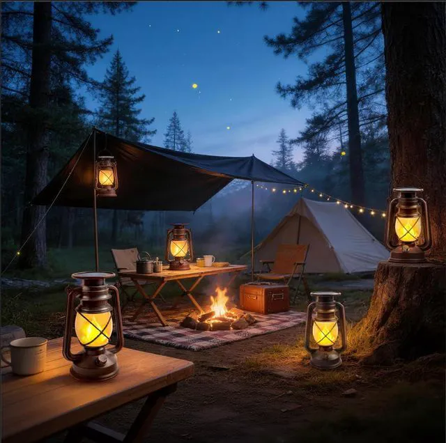 Alt view image 6 of 7 - Solar Lanterns Outdoor Waterproof, 4 Pack Vintage LED Hanging Lights Dancing Flame with Auto On/Off, Bronze Ambient Lighting Decor for Halloween, Porch, Garden, Yard, Pathway, Patio & Camping