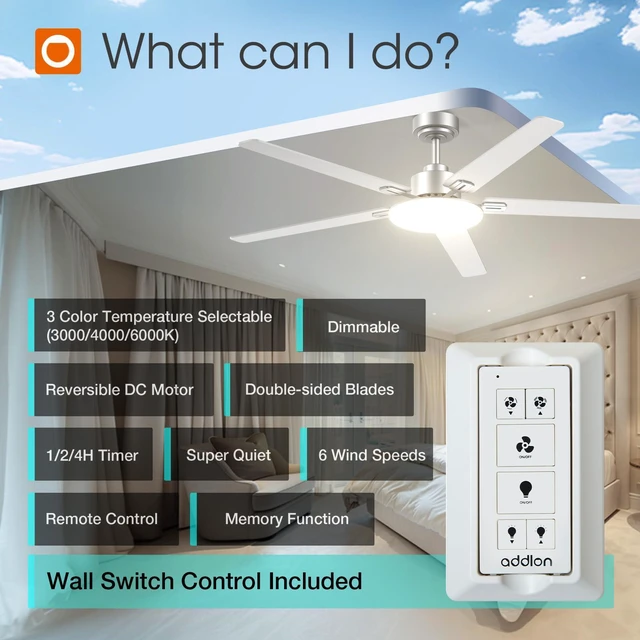 Alt view image 2 of 7 - 60 Inch Ceiling Fans with Lights and Remote Control, Wall Switch Reversible DC motor, 6-speed, Timer, 3CCT Dimmable, Quiet, Silver Ceiling Fan for Bedroom, Living Room, Indoor/Outdoor Use