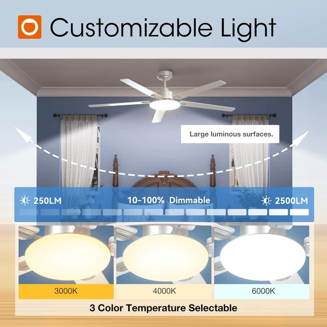 Alt view image 6 of 7 - 60 Inch Ceiling Fans with Lights and Remote Control, Wall Switch Reversible DC motor, 6-speed, Timer, 3CCT Dimmable, Quiet, Silver Ceiling Fan for Bedroom, Living Room, Indoor/Outdoor Use