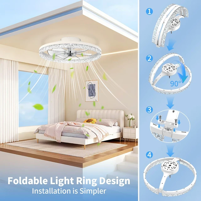 Alt view image 3 of 7 - Ceiling Fan with Light, 20" Foldable Ceiling Fans with 6 Wind Speeds Dimmable Smart Ceiling Fan Light with Remote for Bedroom, Kids Room and Living Room (Crystal White)
