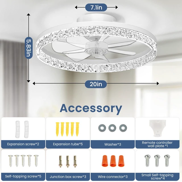 Alt view image 6 of 7 - Ceiling Fan with Light, 20" Foldable Ceiling Fans with 6 Wind Speeds Dimmable Smart Ceiling Fan Light with Remote for Bedroom, Kids Room and Living Room (Crystal White)