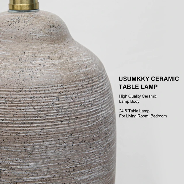 Alt view image 2 of 6 - 24.5" Handcrafted Ceramic Table Lamp with 5FT Cord, Single Farmhouse Vintage Rustic Bedside Lighting for Living Room Bedroom Entryway Linen Shade Nightstand End Table Decor (Bulb Not Included)