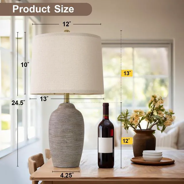 Alt view image 3 of 6 - 24.5" Handcrafted Ceramic Table Lamp with 5FT Cord, Single Farmhouse Vintage Rustic Bedside Lighting for Living Room Bedroom Entryway Linen Shade Nightstand End Table Decor (Bulb Not Included)
