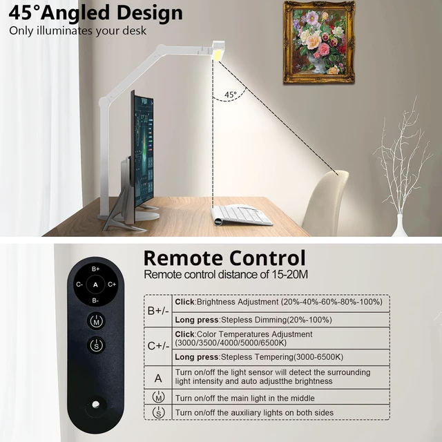 Alt view image 4 of 6 - Architect Desk Lamp for Home Office, 24W Adjustable Led Desk Light with Remote, 1500LM Bright Dimmable Computer Table Light Rotatable Office Lamp with Base for Cafting Monitor