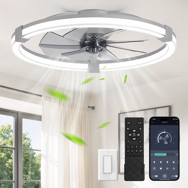 Alt view image 2 of 7 - Ceiling Fans with Lights 23 Inch Low Profile Fandelier with Remote Grey 6 Speeds, Reversible, Dimmable Flush Mount Fan Light, Modern Ceiling Fan with Lights for Bedroom Bladeless