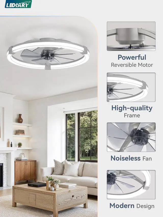 Alt view image 7 of 7 - Ceiling Fans with Lights 23 Inch Low Profile Fandelier with Remote Grey 6 Speeds, Reversible, Dimmable Flush Mount Fan Light, Modern Ceiling Fan with Lights for Bedroom Bladeless