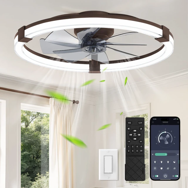 Alt view image 2 of 7 - Ceiling Fans with Lights 23 Inch Low Profile Fandelier with Remote Brown 6 Speeds, Reversible, Dimmable Flush Mount Fan Light, Modern Ceiling Fan with Lights for Bedroom Bladeless