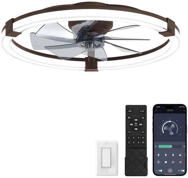 Main image of Ceiling Fans with Lights 23 Inch Low Profile Fandelier with Remote Brown 6 Speeds, Reversible, Dimmable Flush Mount Fan Light, Modern Ceiling Fan with Lights for Bedroom Bladeless
