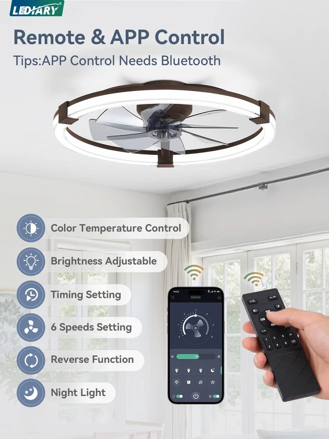 Alt view image 4 of 7 - Ceiling Fans with Lights 23 Inch Low Profile Fandelier with Remote Brown 6 Speeds, Reversible, Dimmable Flush Mount Fan Light, Modern Ceiling Fan with Lights for Bedroom Bladeless