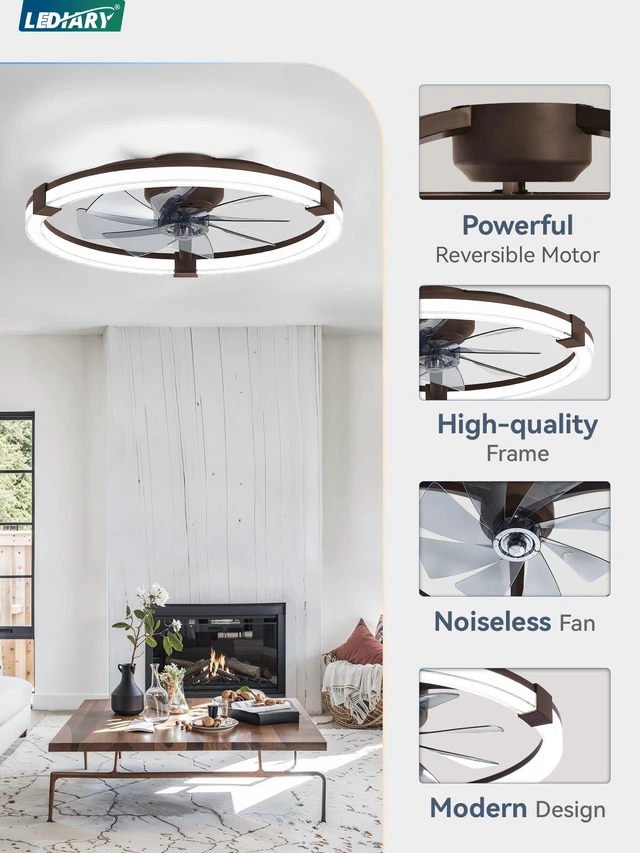 Alt view image 7 of 7 - Ceiling Fans with Lights 23 Inch Low Profile Fandelier with Remote Brown 6 Speeds, Reversible, Dimmable Flush Mount Fan Light, Modern Ceiling Fan with Lights for Bedroom Bladeless