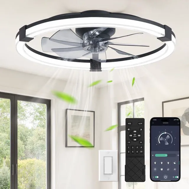 Main image of Ceiling Fans with Lights 23 Inch Low Profile Fandelier with Remote Black 6 Speeds, Reversible, Dimmable Flush Mount Fan Light, Modern Ceiling Fan with Lights for Bedroom Bladeless