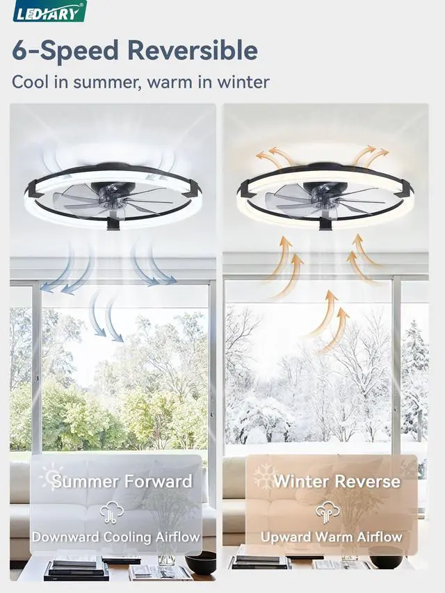 Alt view image 5 of 7 - Ceiling Fans with Lights 23 Inch Low Profile Fandelier with Remote Black 6 Speeds, Reversible, Dimmable Flush Mount Fan Light, Modern Ceiling Fan with Lights for Bedroom Bladeless