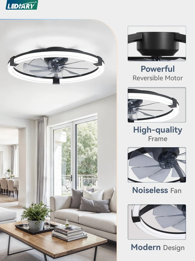 Alt view image 6 of 7 - Ceiling Fans with Lights 23 Inch Low Profile Fandelier with Remote Black 6 Speeds, Reversible, Dimmable Flush Mount Fan Light, Modern Ceiling Fan with Lights for Bedroom Bladeless