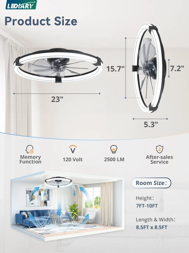 Alt view image 7 of 7 - Ceiling Fans with Lights 23 Inch Low Profile Fandelier with Remote Black 6 Speeds, Reversible, Dimmable Flush Mount Fan Light, Modern Ceiling Fan with Lights for Bedroom Bladeless