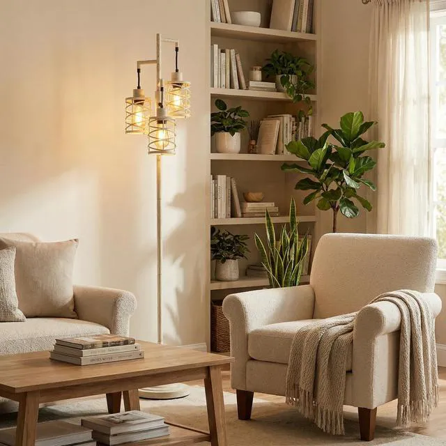 Alt view image 2 of 7 - 70" Industrial Floor Lamp, Stepless Dimmable Standing Lamp with 3 Bulbs, Farmhouse Corner Standing Tree Lamp for Living Room, Tall Lamps for Bedroom, Office, Dining Room, Antique Beige White