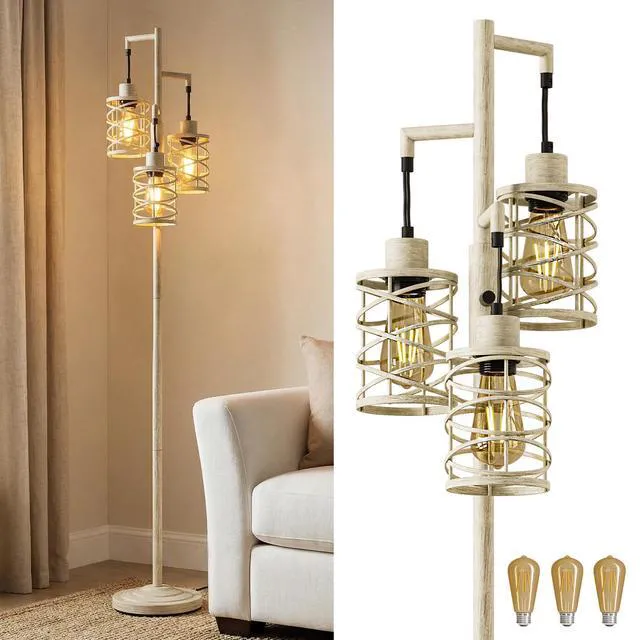 Main image of 70" Industrial Floor Lamp, Stepless Dimmable Standing Lamp with 3 Bulbs, Farmhouse Corner Standing Tree Lamp for Living Room, Tall Lamps for Bedroom, Office, Dining Room, Antique Beige White
