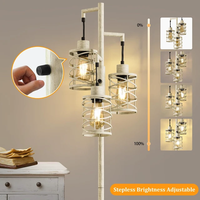 Alt view image 3 of 7 - 70" Industrial Floor Lamp, Stepless Dimmable Standing Lamp with 3 Bulbs, Farmhouse Corner Standing Tree Lamp for Living Room, Tall Lamps for Bedroom, Office, Dining Room, Antique Beige White