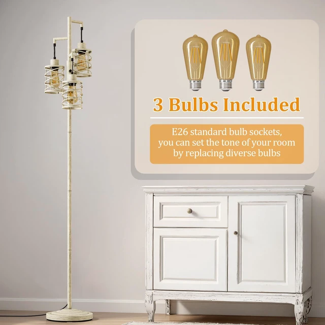 Alt view image 5 of 7 - 70" Industrial Floor Lamp, Stepless Dimmable Standing Lamp with 3 Bulbs, Farmhouse Corner Standing Tree Lamp for Living Room, Tall Lamps for Bedroom, Office, Dining Room, Antique Beige White