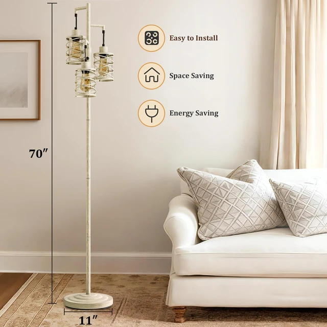 Alt view image 4 of 7 - 70" Industrial Floor Lamp, Stepless Dimmable Standing Lamp with 3 Bulbs, Farmhouse Corner Standing Tree Lamp for Living Room, Tall Lamps for Bedroom, Office, Dining Room, Antique Beige White